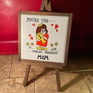 VTG World's Greatest Mom Ceramic Tile Plaque Wooden Easel Mother Love Valentines